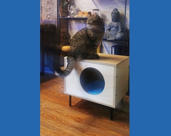 May include: A brown tabby cat sits on a wooden cat bed with a round blue opening. The cat bed has four black legs and is on a wooden floor.