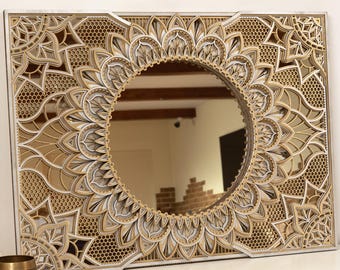Espejo de pared grande / Decoración de pared con espejo / Arte de pared con mandala / Espejo adornado