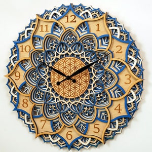 Wall Clock Mandala Wooden Home Decor, Sacred Geometry Handmade Spiritual Gift, Natural Wood Housewarming Decoration, Boho Large Clock