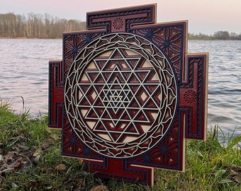 Sri Yantra Shakti Energy Wall Decor, Wood Chakra Mandala, Divine Feminine Art, Sacred Geometry Spiritual Gift