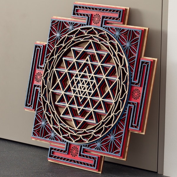 Sri Yantra Metal Wall Art - Sacred Geometry Decor, 19x19 Inches, Silver