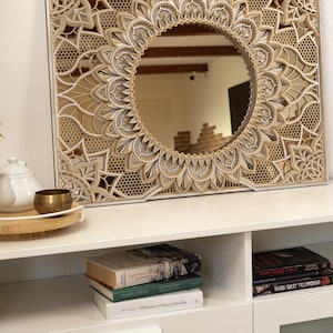 Mirror Wood Mandala Wall Art, Large Home Decor, Ornate Decoration, Living Room Mirrors, Boho Accent Unique Interior Design, Handmade Gift