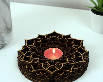 Handmade Wooden Mandala Candle Holder – Boho Minimalist Tealight Centerpiece