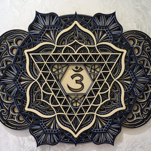 Third Eye Chakra Ajna Mandala Wall Art, Handmade Wooden Geometric Decor, Spiritual Gift for Meditation Altar, Yoga Studio Design