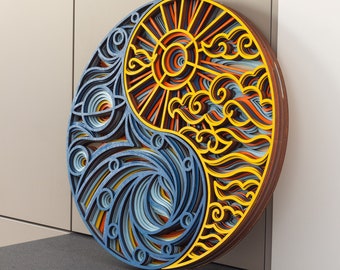 Yin Yang Wood Mandala, 3D Zen Wall Art, Boho Decor