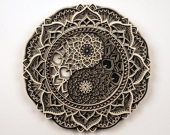 Wooden Handmade Mandala, Yin Yang Wall Art, Spiritual Home Decor, Housewarming Gift, Natural Wood Wall Hanging, Meditation Altar Zen Art