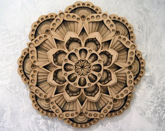FLOWER MANDALA DECOR, Wood Wall Art, Floral Decoration Accent, Handmade Natural Wood Gift
