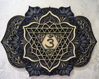 CHAKRA THIRD EYE (Ajna) Mandala Wall Art, Mystical Harmony: Handcrafted Wooden Mandala Geometric Decor, Spiritual Gift for Meditation Altar