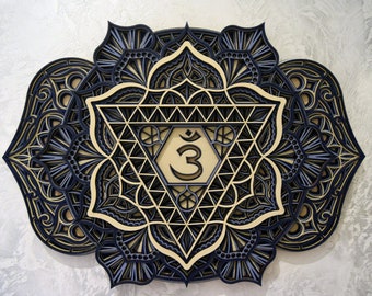 Third Eye Chakra Ajna Mandala Wall Art, Handmade Wooden Geometric Decor, Spiritual Gift for Meditation Altar, Yoga Studio Design