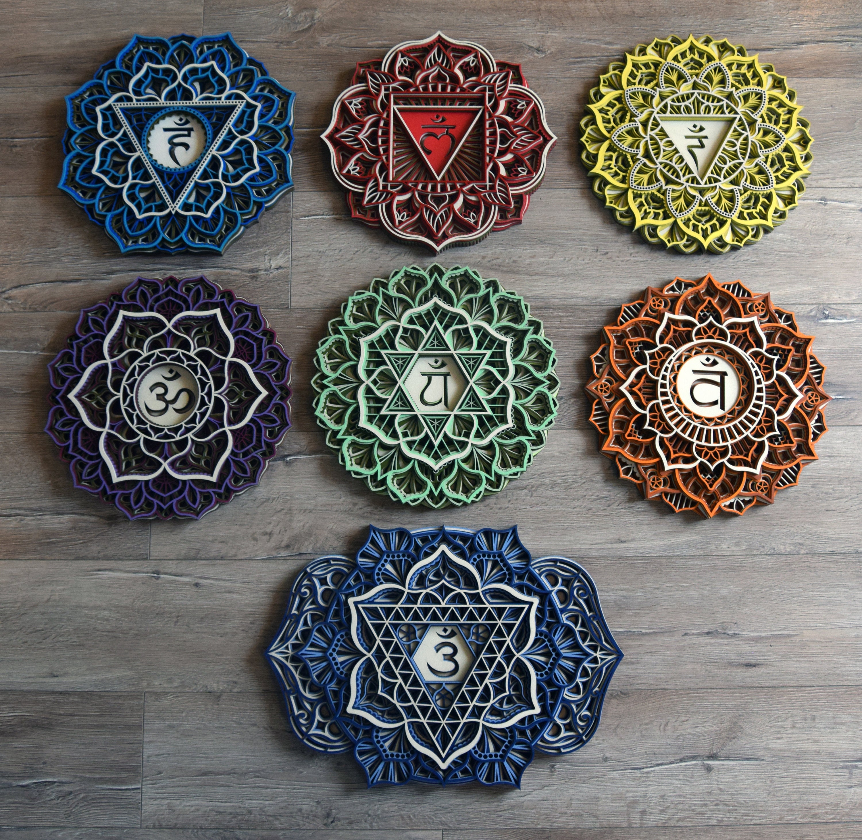 Chakras Wall Art Mandala Set, Wood Chakra Handmade Decor, Meditation Room Spiritual Gift, Yoga Studio Design, Energy Centre Mandalas