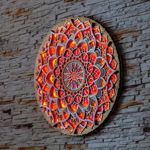 MANDALA LAMPE HEILIGE Geometrie Kunst, auffällige Wanddekoration mit leuchtenden LED-Lichtern