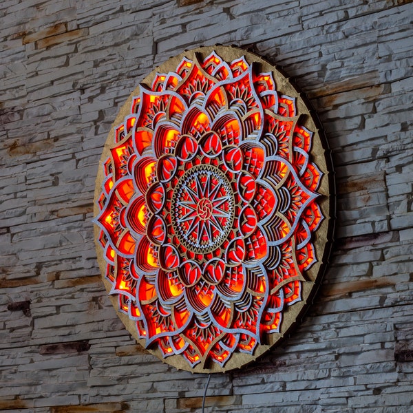 LAMPE MANDALA, art géométrique sacré, décoration murale accrocheuse avec lumières LED rougeoyantes