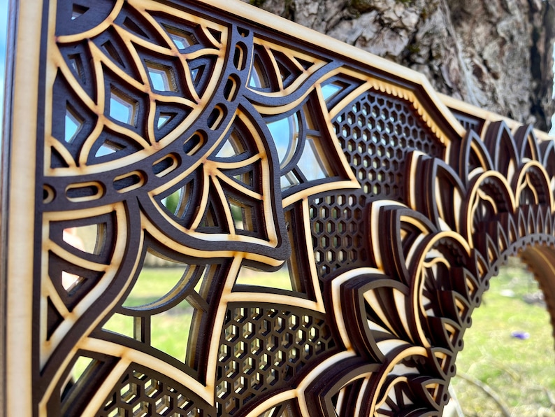 Intricately patterned mandala mirror in a smooth circular form, seamlessly blending with modern design aesthetics