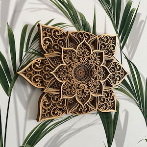 May include: A brown wooden mandala wall decor with intricate laser cut designs. The mandala features a circular pattern with a flower-like shape.