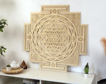Houten Sri Yantra-mandalakunst aan de muur – Decor heilige geometrie chakra