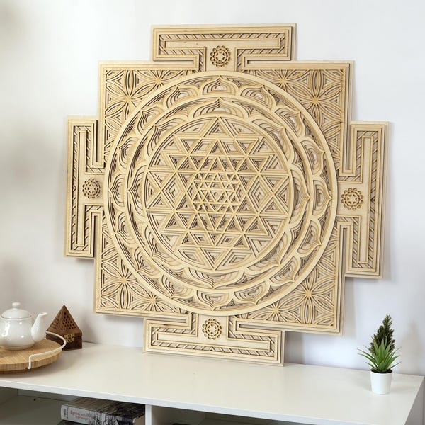 Wooden Sri Yantra Mandala Wall Art – Sacred Geometry Chakra Decor