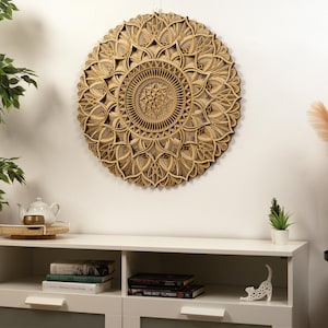 Boho Wood Wall Decor – An intricate laser-cut wooden mandala, ideal for modern and bohemian interiors