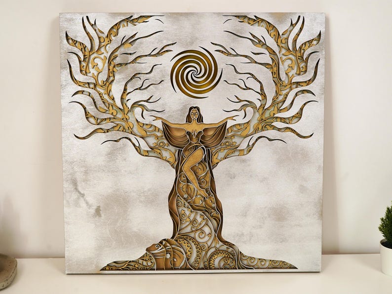 A naturally finished wooden mandala art piece symbolizing feminine strength and bohemian charm