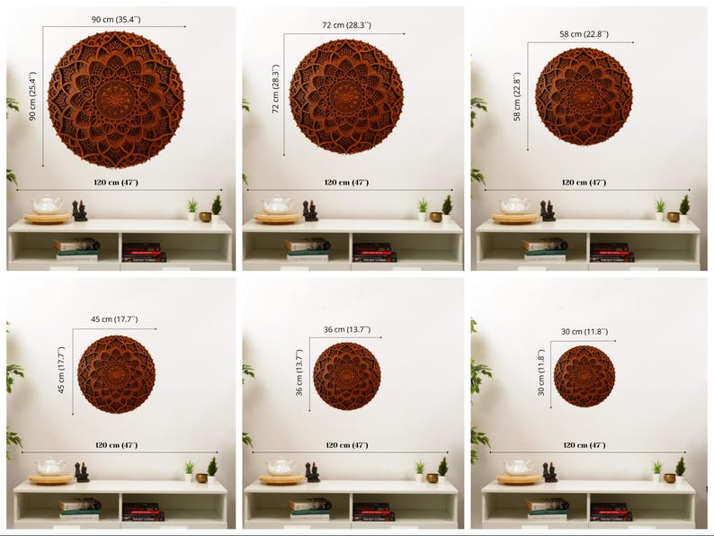 May include: Six different sizes of wooden wall decor with a brown mandala design. The decor is shown on a white wall with a shelf underneath. The shelf is decorated with a small plant, a book, and a decorative object.