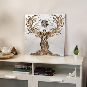 Minimalist wooden wall hanging portraying a serene, empowered female form with spiritual, nature-inspired patterns