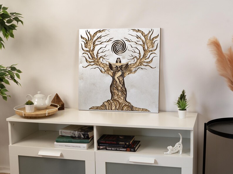 Minimalist wooden wall hanging portraying a serene, empowered female form with spiritual, nature-inspired patterns