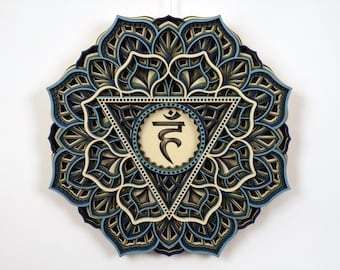 May include: A blue, green, and beige mandala with a layered, intricate design. The center of the mandala features a triangle with a circle inside, containing the Sanskrit symbol for the fifth chakra, "Vishuddha".