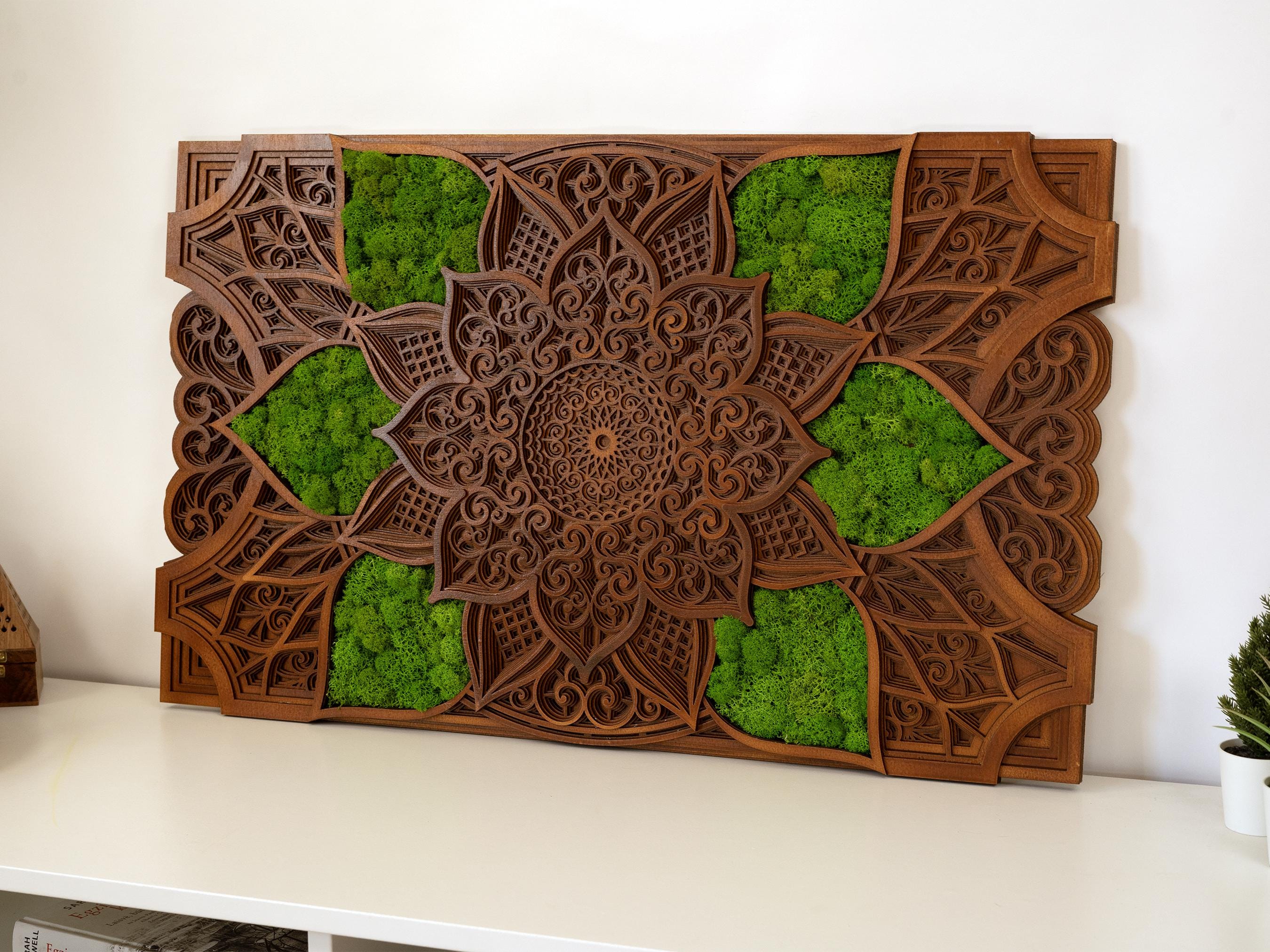Moss Mandala Wall Art – Boho Wooden Decor with Preserved Moss for Bohemian Home & Yoga Room, Nature-Inspired Spiritual Rustic Home Accent