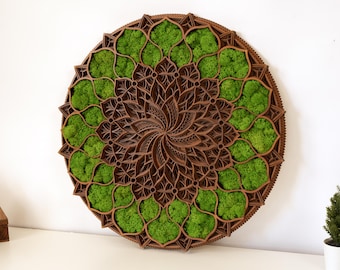 Moss Mandala Wall Decor: Laser-Cut Wooden Boho Art