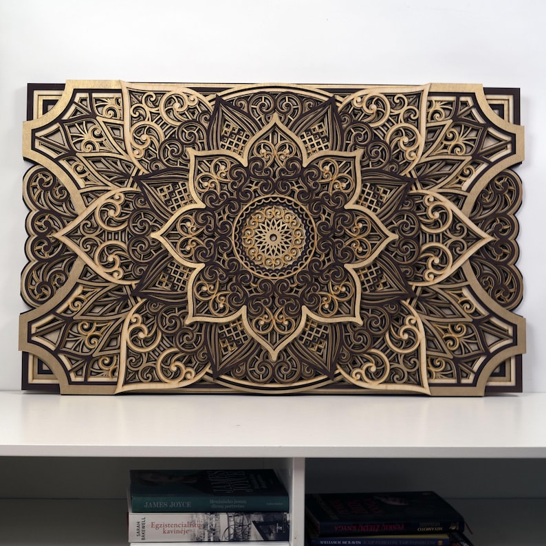 Wooden mandala wall hanging displayed as a statement piece above a sofa in a cozy living room setting