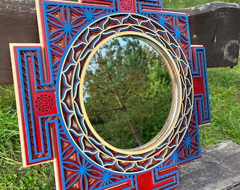 Sri Yanta-spegel, mandala träväggkonst, dekoration med helig geometri