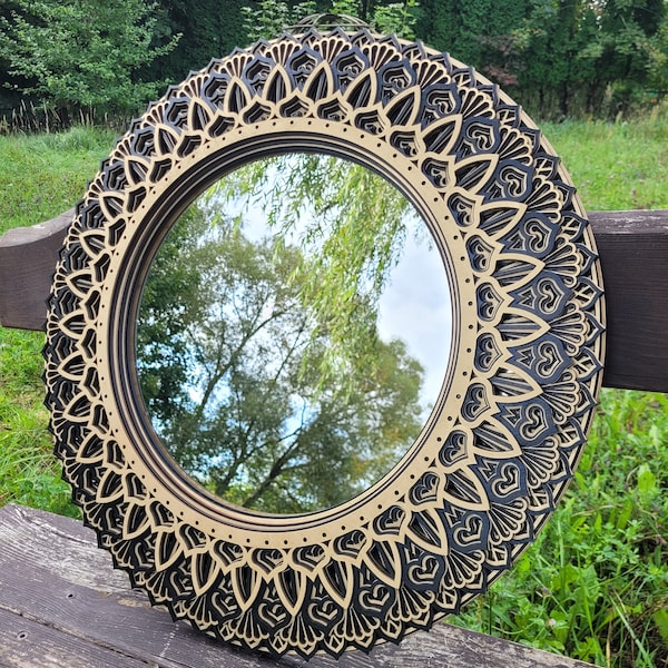 MIRROR MANDALA WALL Art, Boho Decor Wooden Round Mirrors, Handmade Wood Housewarming Gift
