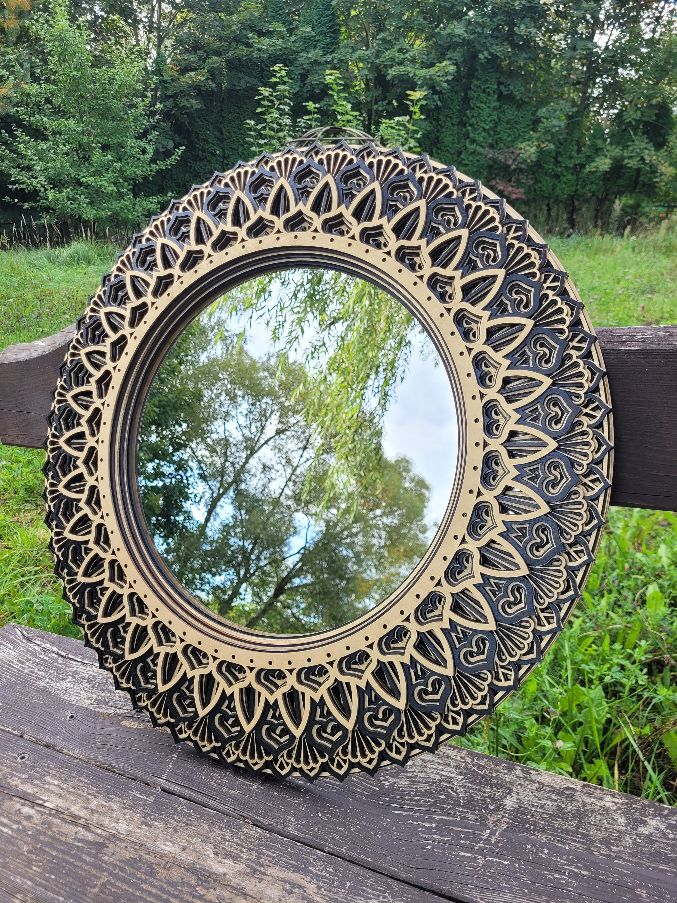 Circle Mirror Wall Decor, Small Brown Round Mirror, Makeup Wood Frame Mirror,  Vanity Circular Mirror for Wall, Walnut Colour Mirror 