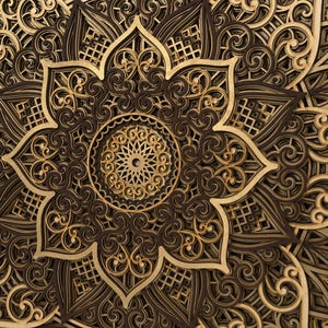 Close-up of geometric wooden mandala showing precise laser cut layers and detailed sacred geometry pattern