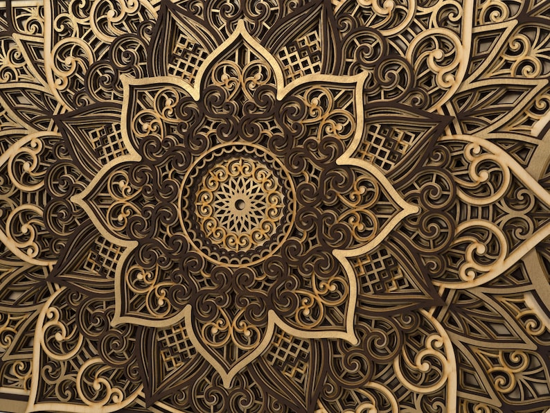Close-up of geometric wooden mandala showing precise laser cut layers and detailed sacred geometry pattern