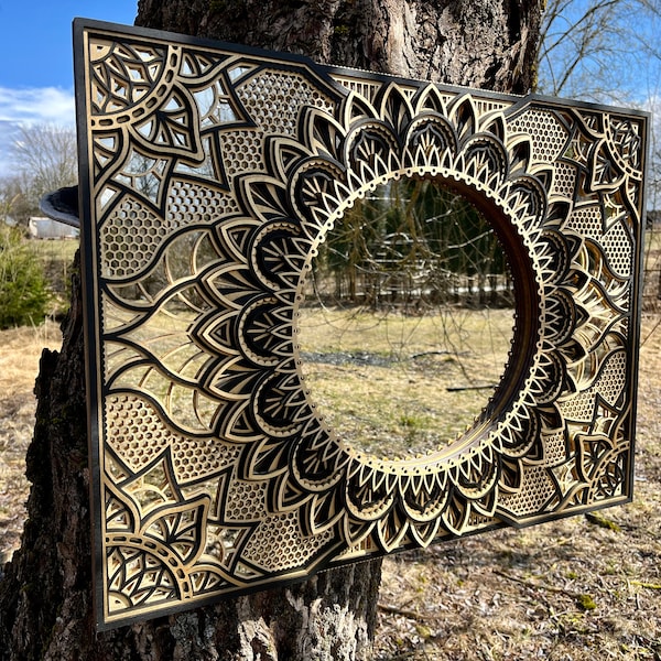 DÉCORATION EN BOIS MIROIR, grande oeuvre d'art murale, tenture murale mandala, miroirs de salon, accent bohème