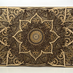 Large wooden mandala wall art with intricate laser cut design, natural wood layered decor for living room or meditation space