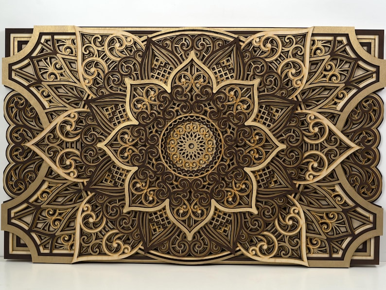 Large wooden mandala wall art with intricate laser cut design, natural wood layered decor for living room or meditation space