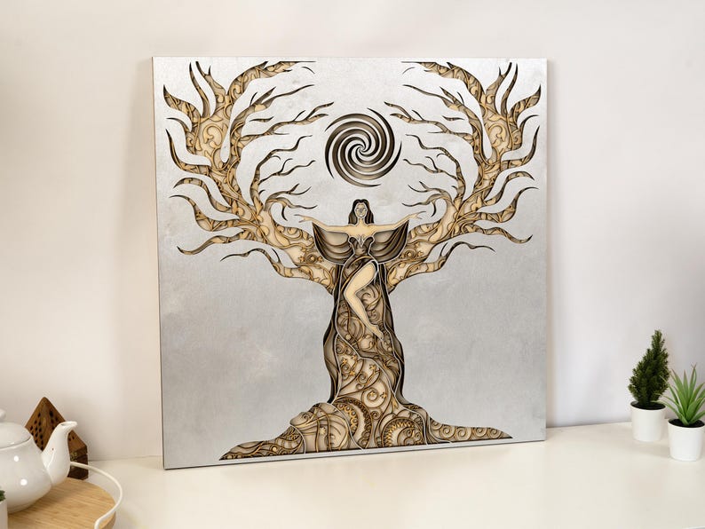 Wooden mandala wall art depicting a graceful female silhouette, symbolizing Shakti and feminine energy