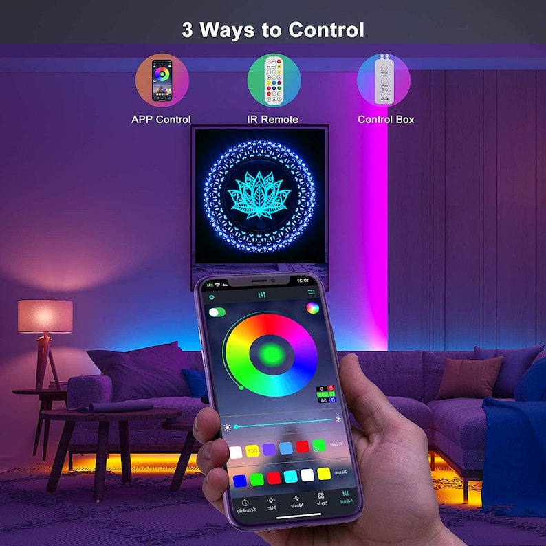 May include: A smartphone displaying a color wheel and other controls for a smart light strip. The light strip is shown illuminating a couch and a table in a living room. The image also shows three ways to control the light strip: an app, an IR remote, and a control box.