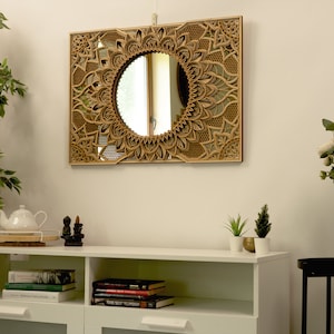Sleek mirror-based mandala design with clean lines, adding a contemporary statement piece to any living space