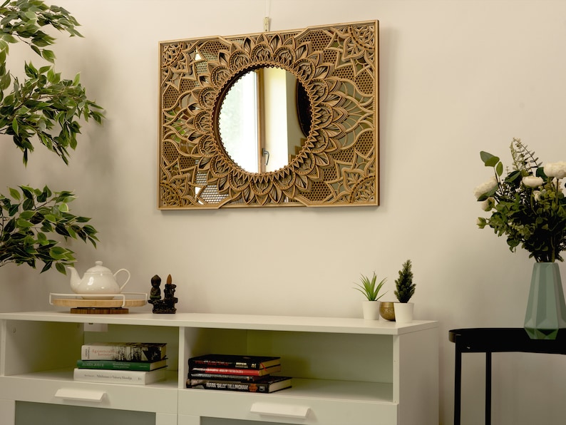 Sleek mirror-based mandala design with clean lines, adding a contemporary statement piece to any living space
