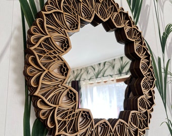 Espejo Mandala de Madera, Decoración de Pared Boho, Espejo Boho Hecho a Mano