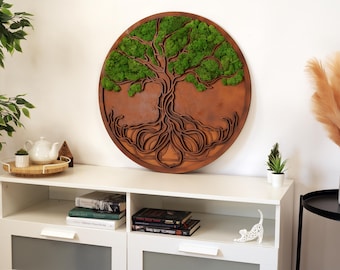 3D Tree of Life Wall Art: Wooden Mandala with Real Moss