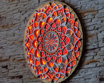 Lampada da parete a forma di mandala a LED che cambia colore – Lampada da parete a forma di geometria sacra in legno stratificato