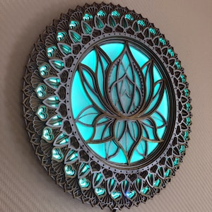 MANDALA GLOWING LED Blue Lotus Flower Home Décor Wall Hanging Trippy Lights Psychedelic Art Spiritual Gift Lotus Flower Gaming Room Gift
