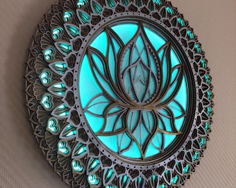 MANDALA GLOWING LED Blue Lotus Flower Home Décor Wall Hanging Trippy Lights Psychedelic Art Spiritual Gift Lotus Flower Gaming Room Gift