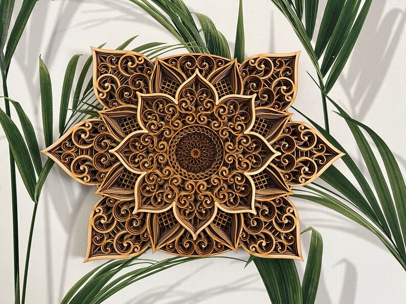 May include: A wooden wall decor in the shape of a mandala with intricate details and a brown color.