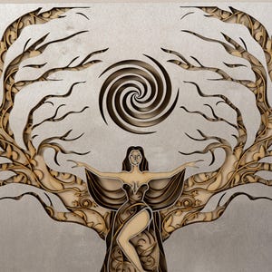 Bohemian-style Shakti artwork showcasing a delicately carved woman silhouette surrounded by floral mandala elements