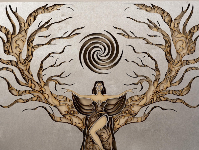 Bohemian-style Shakti artwork showcasing a delicately carved woman silhouette surrounded by floral mandala elements