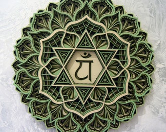 May include: Green and brown mandala with a layered design. The center of the mandala features a six-pointed star with the Sanskrit word "Anahata" written inside.